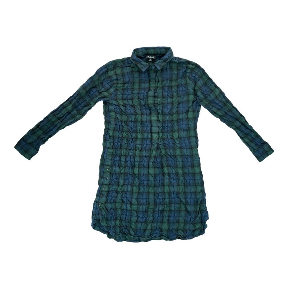 Madewell Green Blue Flannel Side‎ Button Popover Shirt Dress in Dark Plaid Sz XS